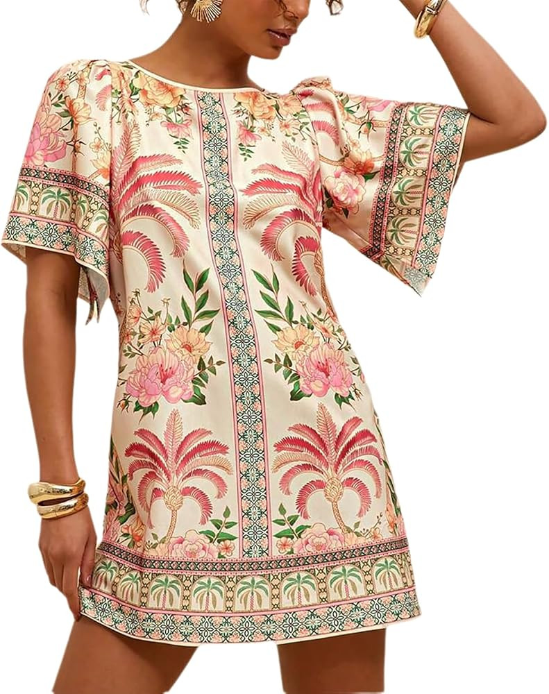 Women's Flared Sleeves Floral Short Dress Crewneck Open Back Summer Casual A Line Vacation Dresse... | Amazon (US)