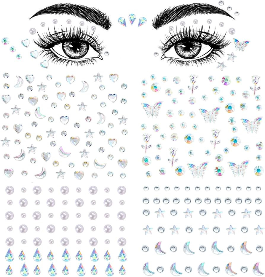 4 Sheets Face Gems Stickers,Self-Adhesive Face Jewels Diamonds Rhinestones for Makeup Stickers,Fa... | Amazon (US)