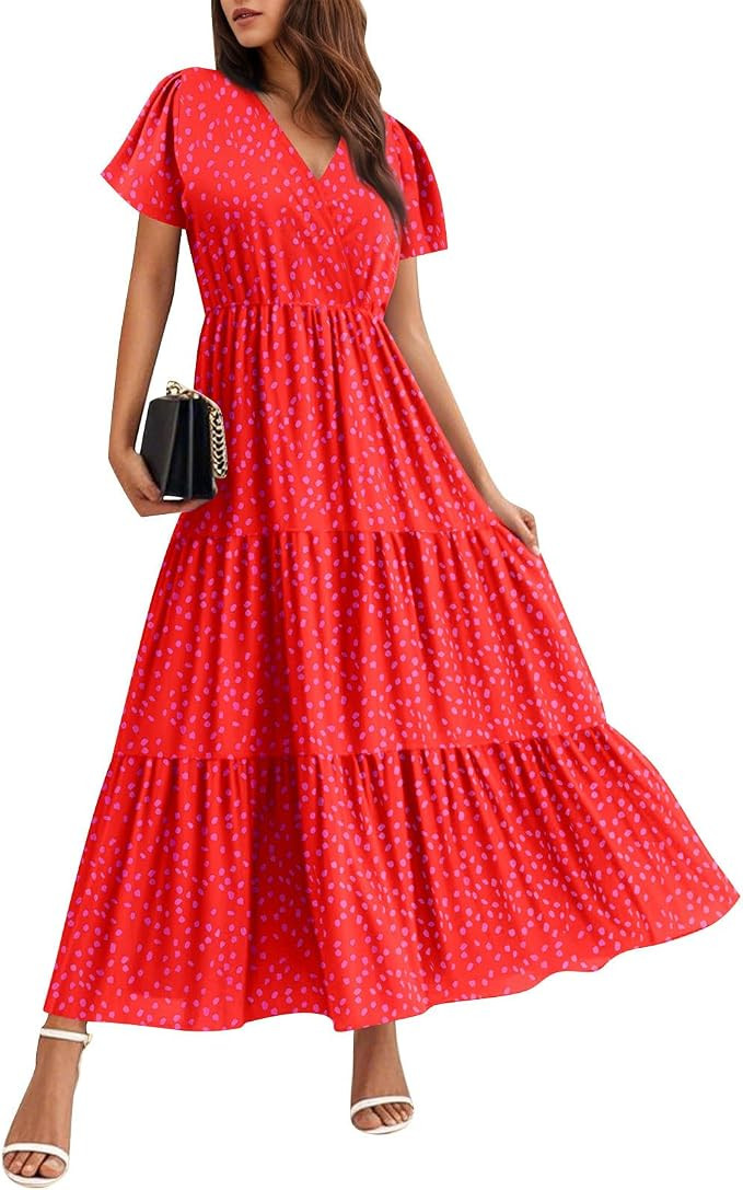 Garden Party Dresses for Women Wrap V Neck Short Sleeve Tiered Floral Maxi Dress Casual Summer Fl... | Amazon (US)