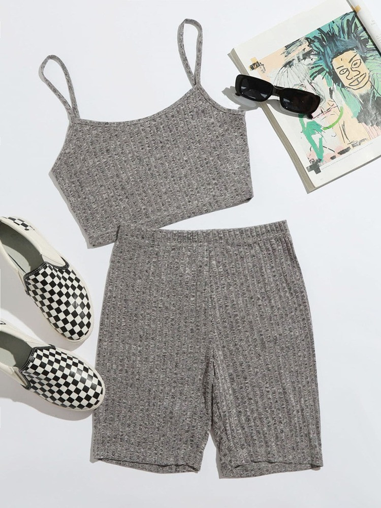 SHEIN Rib-knit Marled Crop Cami Top & Biker Shorts Set | SHEIN