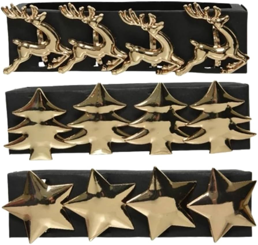 Gold Reindeer, Christmas Tree, and Star Napkin Rings, Set of 12, Metal (Reindeer, One Size) | Amazon (UK)