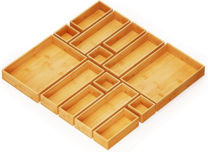 SpaceAid 14-Piece Bamboo Drawer Organizer Storage Boxes Set, Wood Tray Junk Drawer Organizers Mul... | Amazon (US)