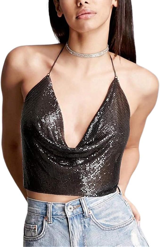 Naimo Women Sexy Shiny Chain Metal Sequin Blouse Vest Crop Top Sleeveless T-Shirt | Amazon (US)