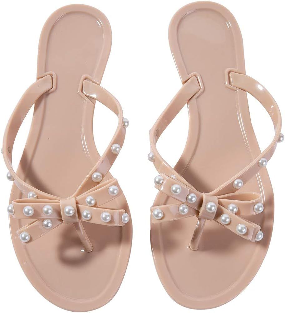 Women Flip-Flops Pearls Bow Sandals Beach Flat Rivets Rain Jelly Gold Pearls | Amazon (US)