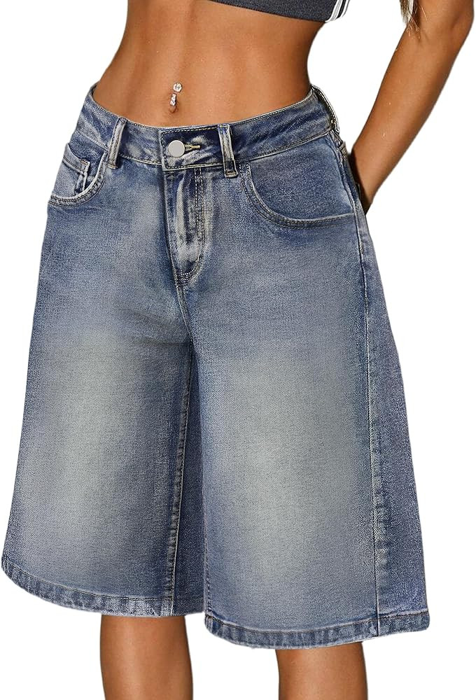 IWD Pantalones cortos de mezclilla para mujer, de cintura media y baja, casuales, holgados, holga... | Amazon (US)