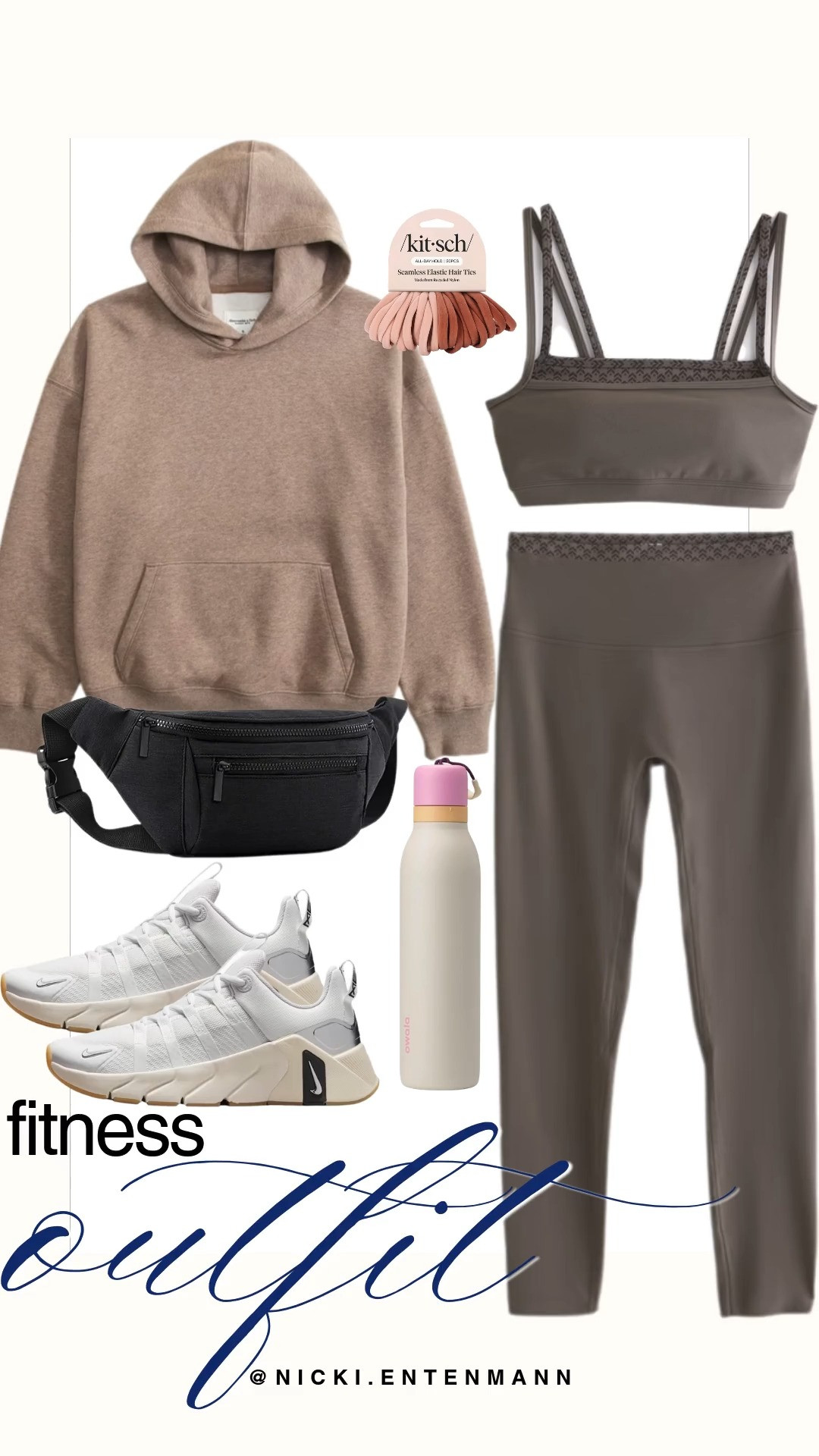 This monochrome fitness outfit pairs taupe high-waisted leggings and a double-strap sports bra with an oversized tan hoodie. Functional accessories include white Nike sneakers, a black belt bag, an Owala water bottle, and Kitsch hair elastics. It is a sleek, cozy ensemble for transitioning from gym sessions to casual autumn errands.

#fitnessoutfit #athleisure #workoutstyle #preppycasual #activewear #everydaystyle 

 #LTKootd #LTKfitnessgoals #LTKActive
