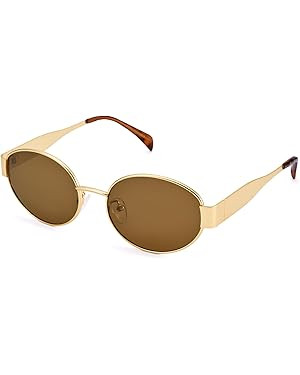 Retro Oval Sunglasses for Women Men - Trendy Gold Sun Glasses - Fashion Metal Frame Shades | Amazon (US)