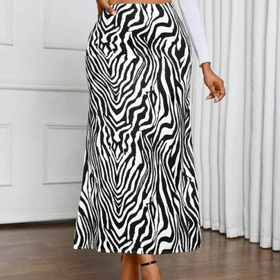 Four Season/Wedding Guest/ Party/Geometric Print/Black And White Satin Zebra Print Women Skirts | SHEIN