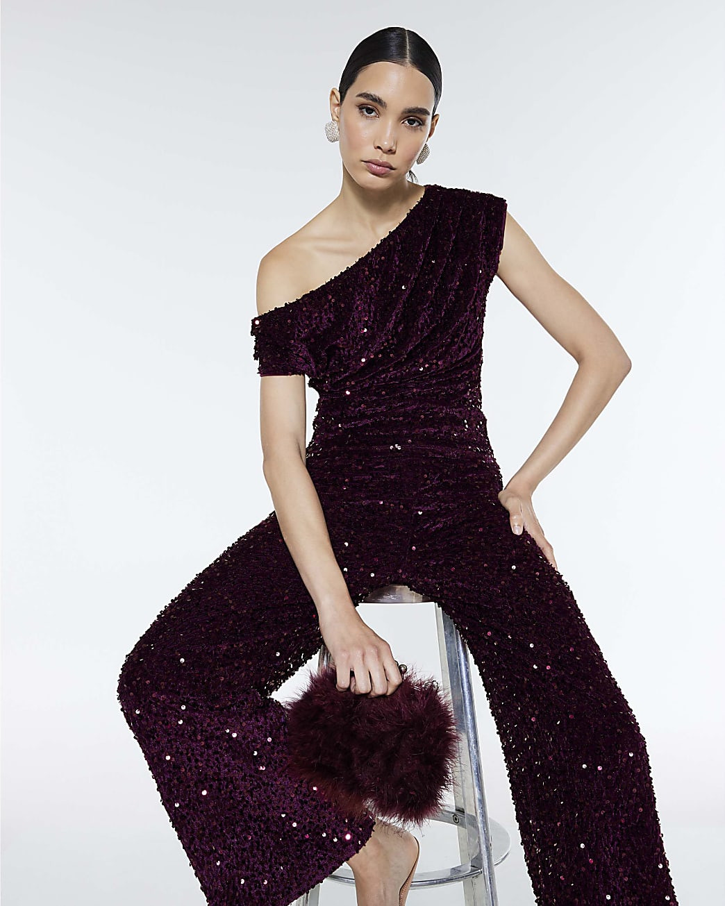 Red Velvet Sleeveless Sequin Drape Top | River Island UK & IE