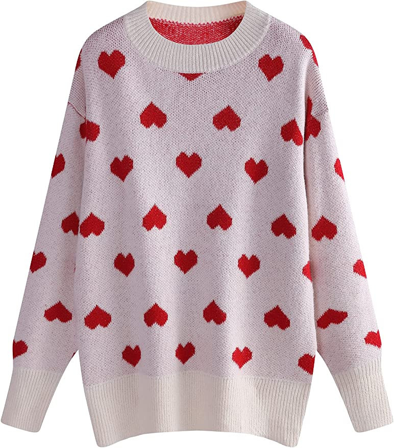 Arssm Women's Heart Print Sweater Casual Loose Crew Neck Long Sleeve Cute Pullover Knitted Sweate... | Amazon (US)