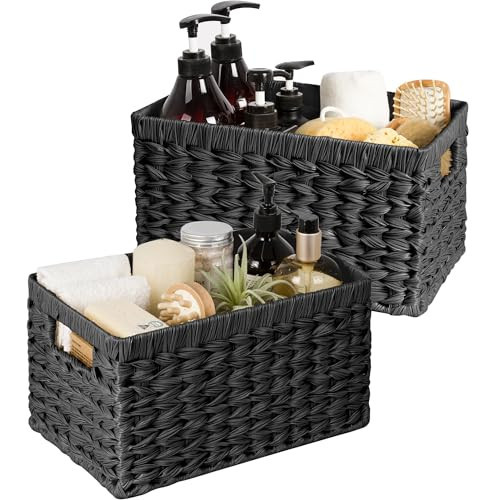 GRANNY SAYS Wicker Basket, Decorative Woven Baskets for Storage, Waterproof Storage Basket Organizer, Wicker Storage Basket for Organizing, 2-Pack, Black | Amazon (US)