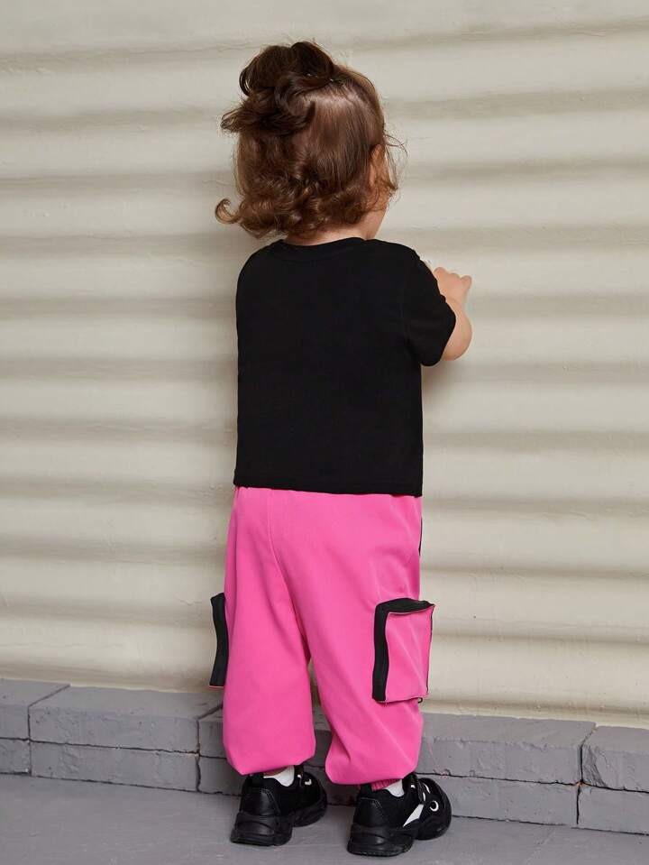 SHEIN Baby Girl Letter Graphic Tee & Buckle Detail Pants | SHEIN