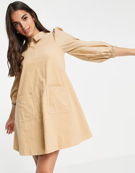 ASOS DESIGN cord swing mini dress with poplin sleeves in beige | ASOS (Global)