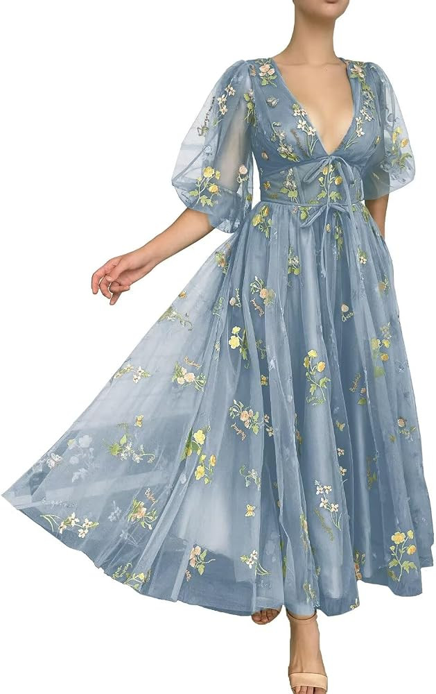 Women's Short Puff Sleeve Prom Dress Flower Embroidery Floral Tulle Formal Evening Party Gowns | Amazon (US)