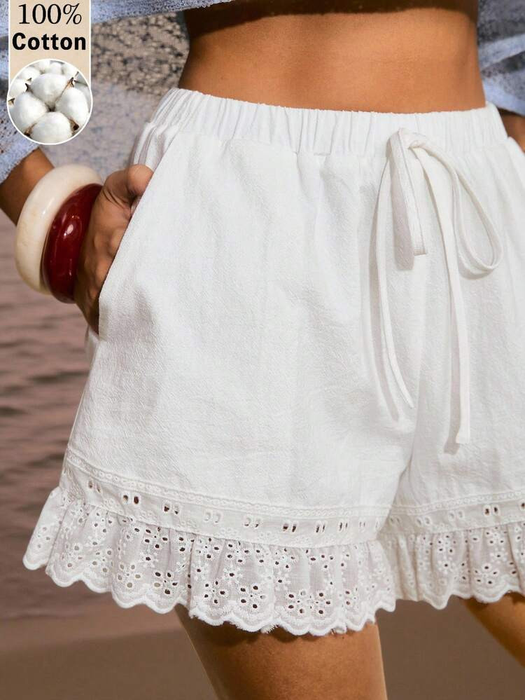 Po\u00e9selle Women's Cotton Casual Hollow Out Embroidery Ruffle Hem Shorts,Suitable For Daily We... | SHEIN