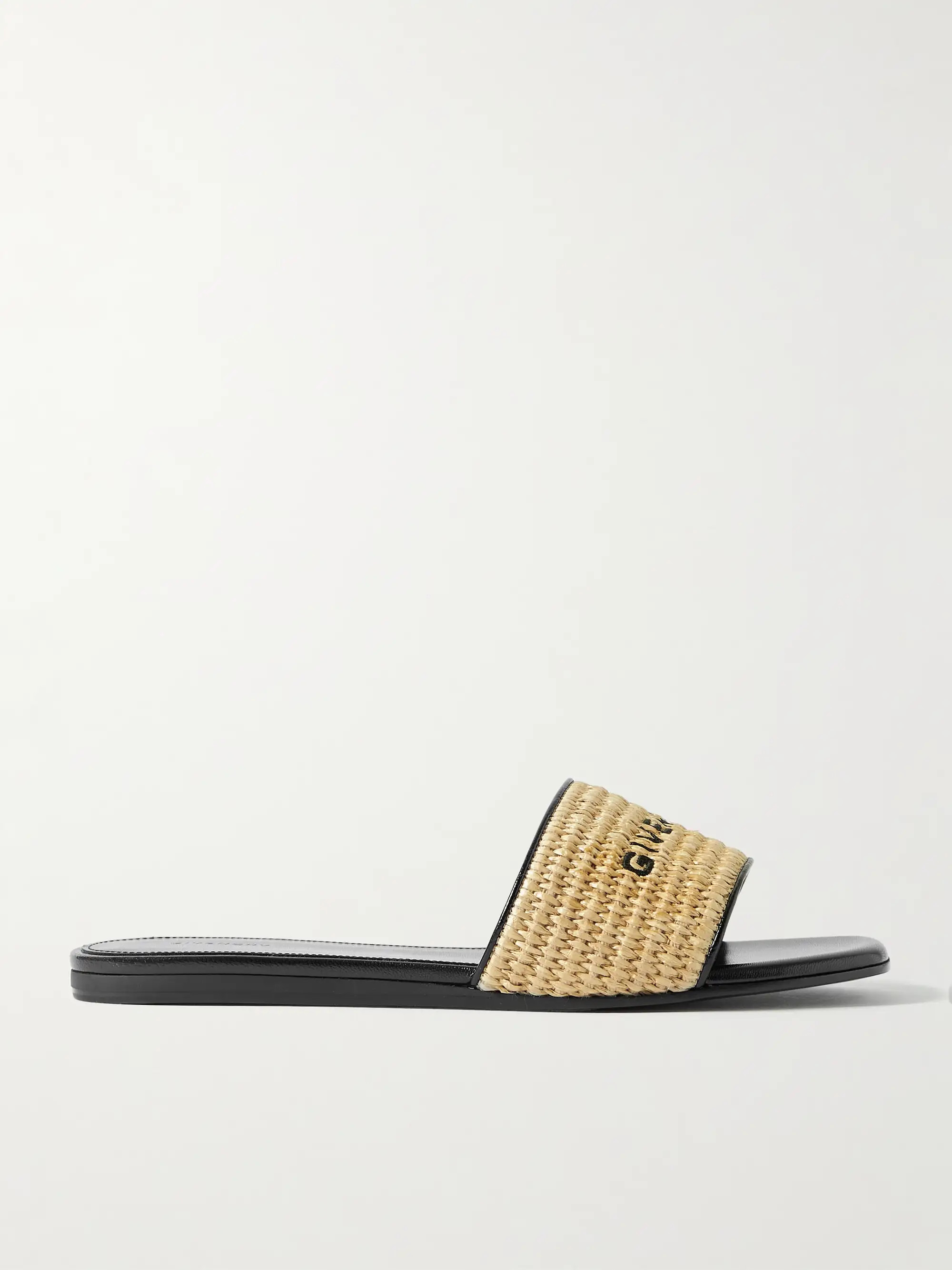 4G leather-trimmed embroidered raffia slides | NET-A-PORTER (US)