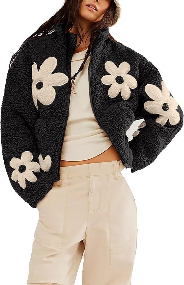 Womens Floral Print Sherpa Fleece Jackets Winter Zipper Cropped Coat Casual Long Sleeve Outwear w... | Amazon (US)