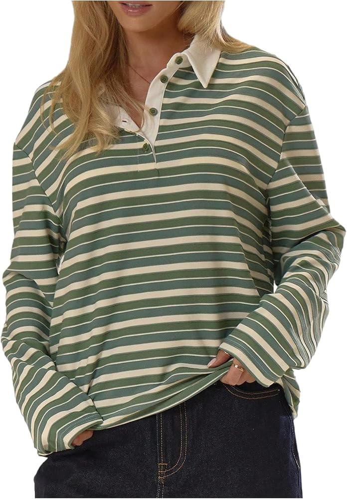 Milumia Women's Y2k Striped Rugby Shirts Collared Long Sleeve Loose Tee Tops Streetwear | Amazon (US)