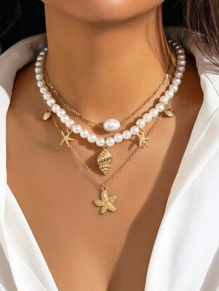 ROMWE Kawaii 3pcs Fashionable Minimalist Beachy Shell / Starfish / Pearl Pendant Necklace Set For... | SHEIN