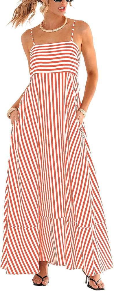 CUPSHE Womens Summer Maxi Dress Casual Sleeveless Square Neck Striped Beach Long Dress with Pocke... | Amazon (US)