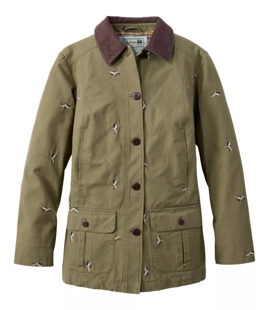 Women's Adirondack Barn Winter Coat, Flannel-Lined Embroidery Olive Gray Mallards Medium, Cotton/Nylon L. L.Bean | L.L. Bean