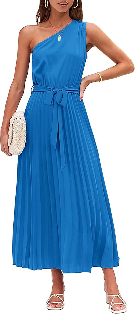 MEROKEETY Womens 2023 One Shoulder Sleeveless Pleated Tie Waist A Line Flowy Party Maxi Dress | Amazon (US)