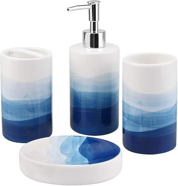 4 Piece Painted Ceramic Bathroom Accessory Set, Includes Soap Dispenser Pump, Toothbrush Holder, ... | Amazon (US)