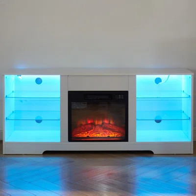 TV Stand Electric Fireplace Glass Shelves, 3D Fireplace TV Stand With LED Lights Wood With USB Charging Outlet Modern Television Table Center For TV | Wayfair North America