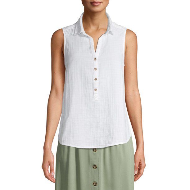 Time and Tru Women's Double Cloth Henley Popover Tank Top | Walmart (US)