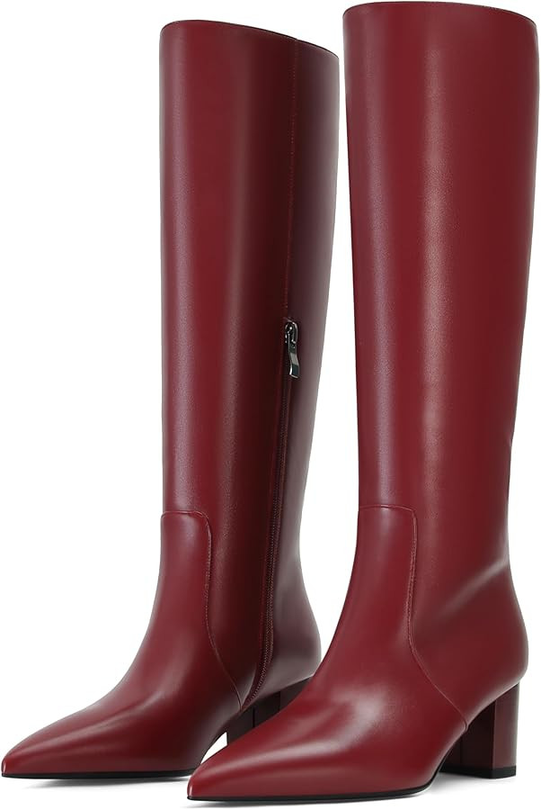 Knee High Boots For Women Black Leather Pointed Toe Side Zipper Chunky Heel Comfortable Dressy | Amazon (US)