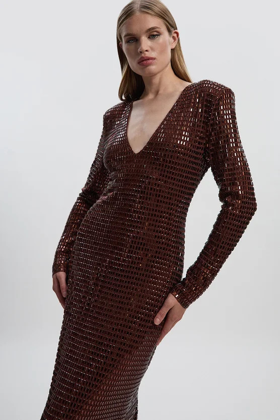 Premium Crystal Embellished Jersey Long Sleeve Plunge Neck Midi Dress | Karen Millen UK + IE + DE + NL