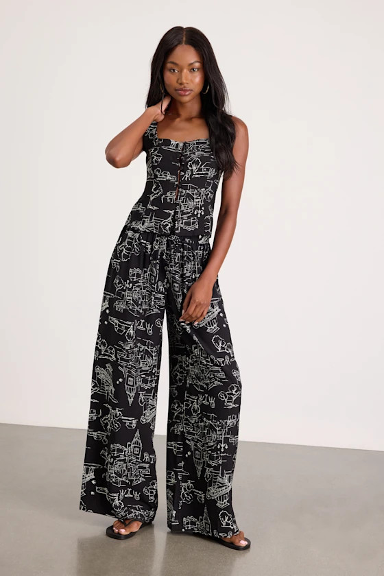 Ravia Black Print Wide-Leg Pants | Lulus