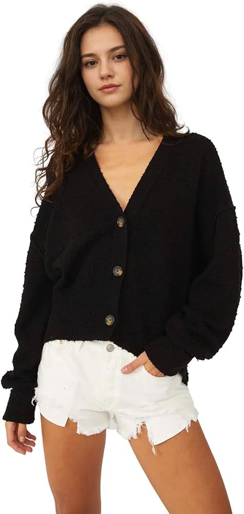 Women's Cardigans Long Sleeve V Neck Casual Front Cardi Button Down Soft Ribbed Knit Sweater | Amazon (US)