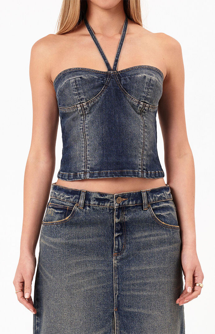 ABRAND Women's Zendaya Denim Halter Top in Dark Indigo - Size XS | PacSun