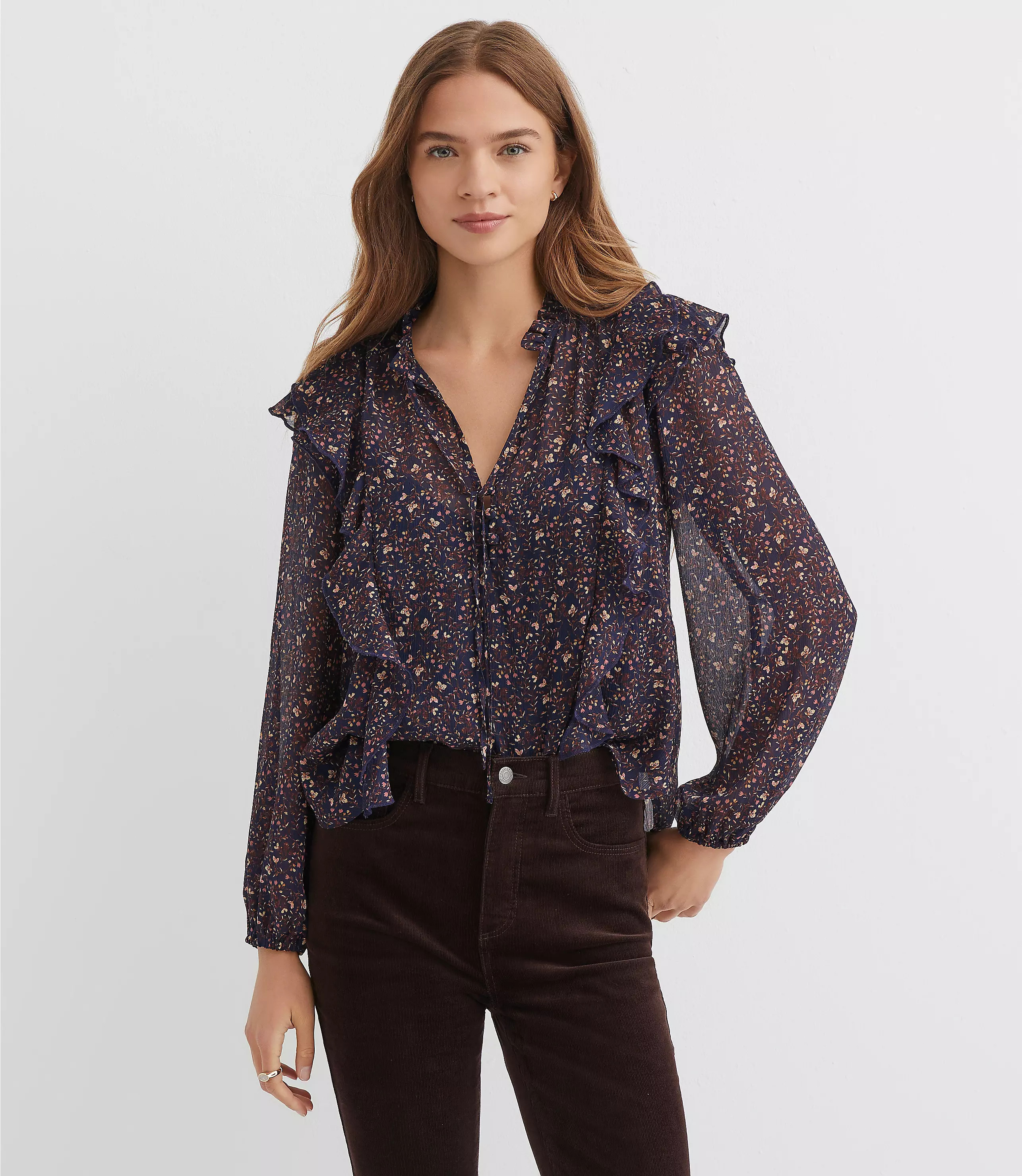 Floral Ruffle Button Tie Neck Blouse | LOFT