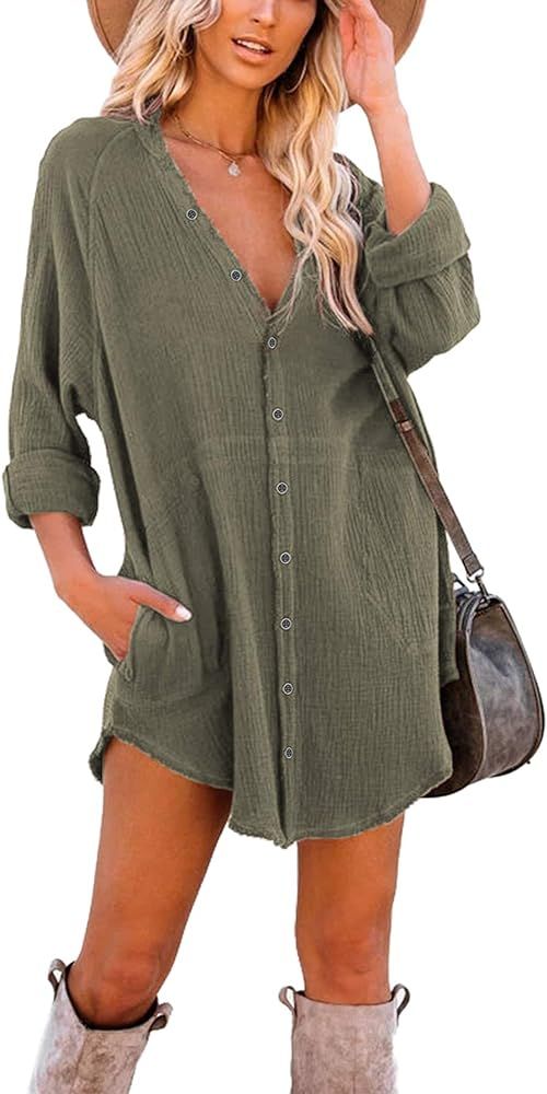 iGENJUN Women's Long Sleeve Beach Cover-ups Button Down Oversized Tunic Dress Shirt Boho Dresses ... | Amazon (US)