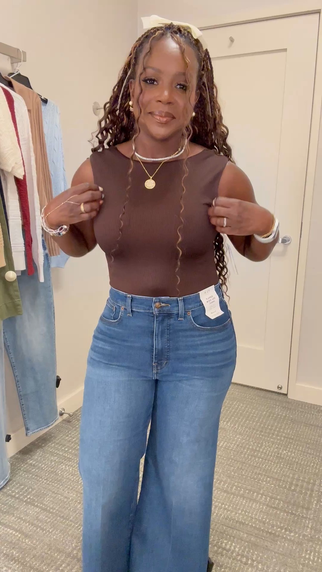 Shopping the Nordstrom Anniversary Sale in style! This chocolate brown bodysuit + wide-leg denim combo is giving curvy girl comfort with a chic twist. These jeans are so flattering and comfy enough to wear all day. Petite & curvy friendly finds for the win! Wearing size medium in top and size 29 in jeans.

#LTKPetite #LTKSaleAlert #LTKStyleTip