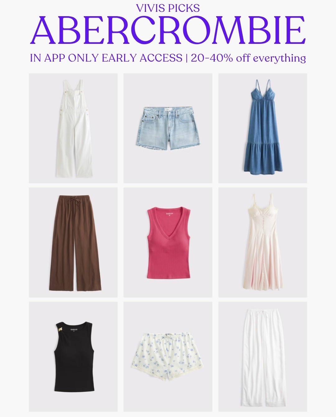 [6/24/26] Viv’s Picks: Abercrombie In-App ONLY early access sale! 20-40% off everything 🤍

#LTKSaleAlert #LTKootd #LTKSeasonal