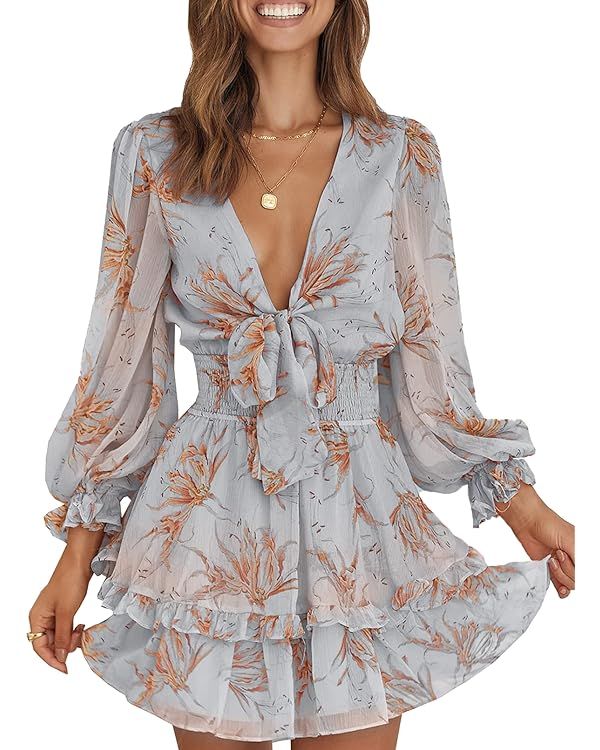 AlvaQ Womens Spring Summer Knot Front V Neck Ruffles Long Sleeve Floral Print Swing Mini Dress | Amazon (US)