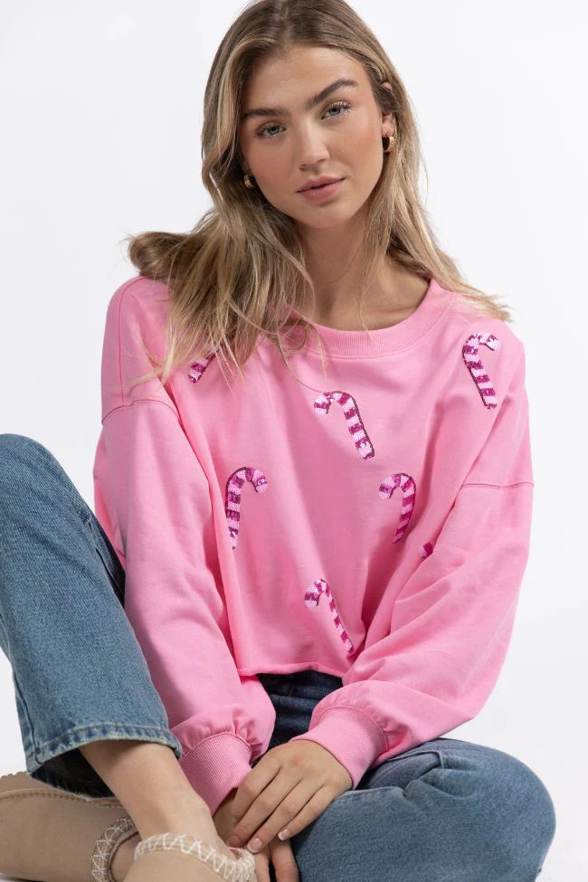 Candy Cane Dreams Pink Sequin Patch Sweatshirt | Pink Lily
