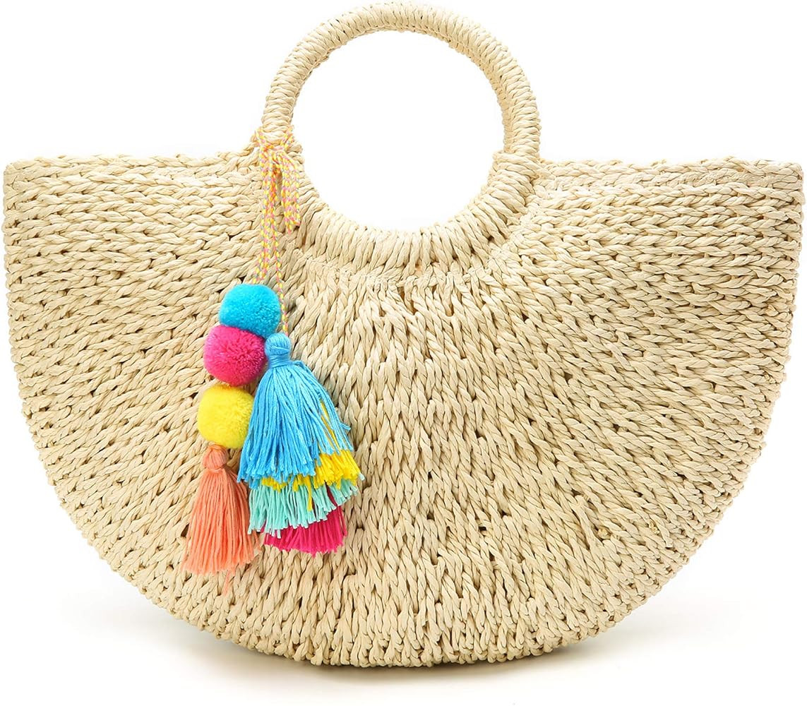 Epsion Womens Large Straw Beach Tote Bag Hobo Summer Handwoven Bags Purse wth Pom Poms | Amazon (US)