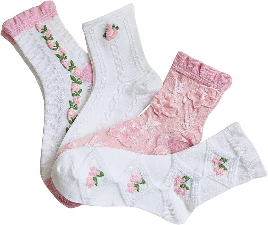 OYOANGLE Women's 4 Pairs Cute Floral Print Crew Socks Ruffle Trim Breathable Socks | Amazon (US)