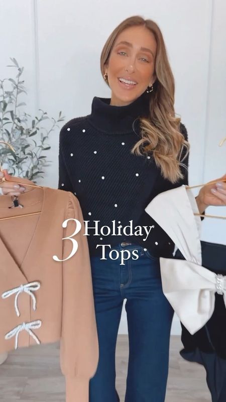 3 elegant tops for the holidays✨
everything fits true to size
I'm wearing a size small 
Black reversible sweater is classy and cozy. You can use the cross part on the front or back. 
This velvet bodysuit with a beautiful bowl is definitely a show stopper. It is selling out fast🔥
This cardigan with bowls is adorable bd feminine.

#LTKstyletip #LTKHoliday #LTKshoecrush