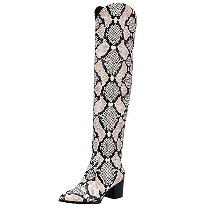 Carolbar Women's Pointed Toe Fashion Snakeskin Printed Knee High Boots | Amazon (US)
