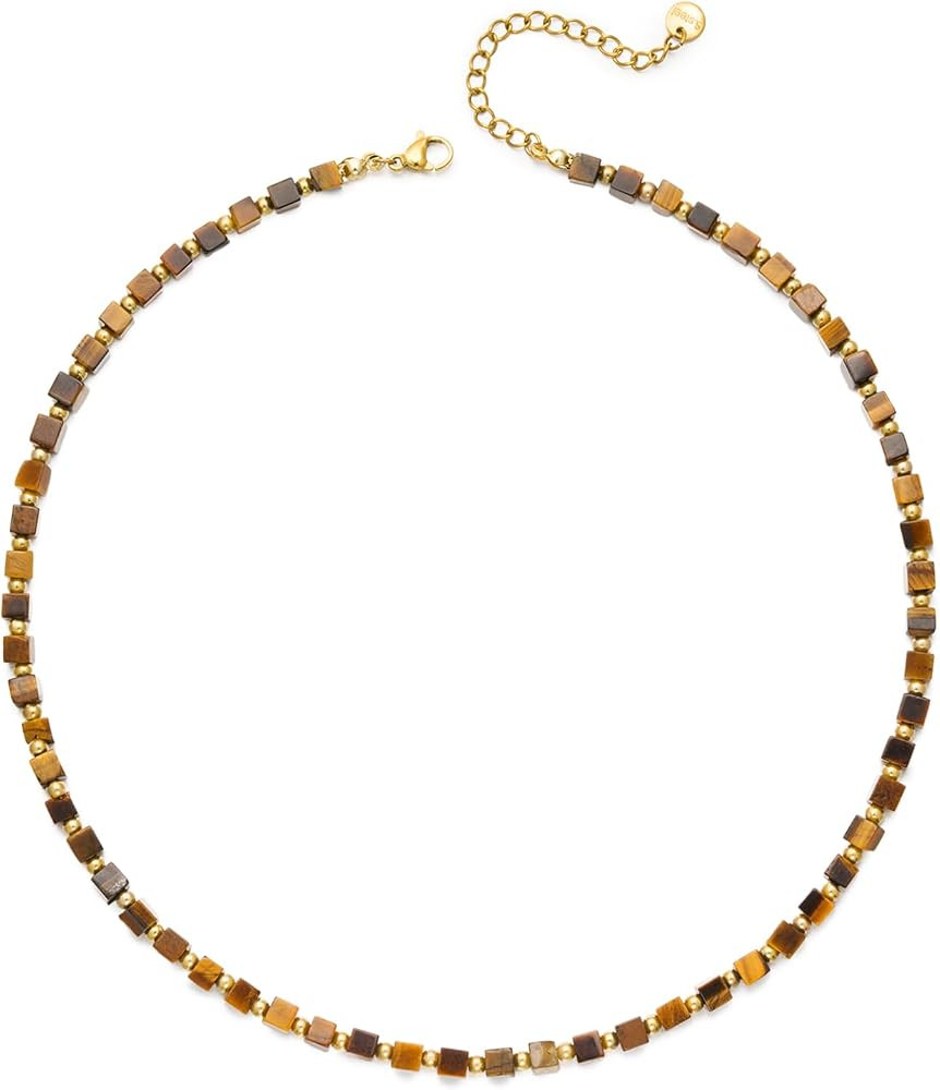 Beaded Choker Necklace for Women, Amethyst Turquoise Tiger Eye Natural Stone Necklaces, Summer Be... | Amazon (US)