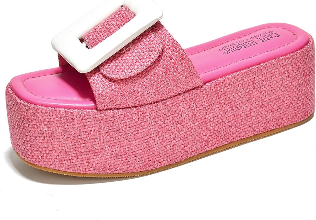 Cape Robbin Indi Platform Raffia Sandals for Women - Chunky Open Square Toe Causal Sandals - Wome... | Amazon (US)