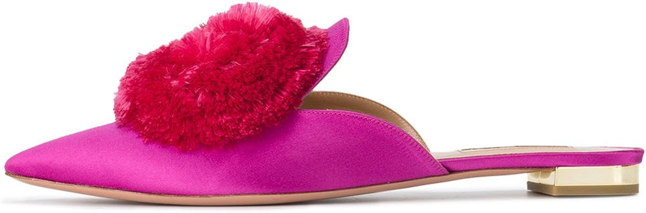 Amazon.com | Divanne Mules for Women, Puff Pompom-Embellished Slip On Loafers Backless Pointed To... | Amazon (US)