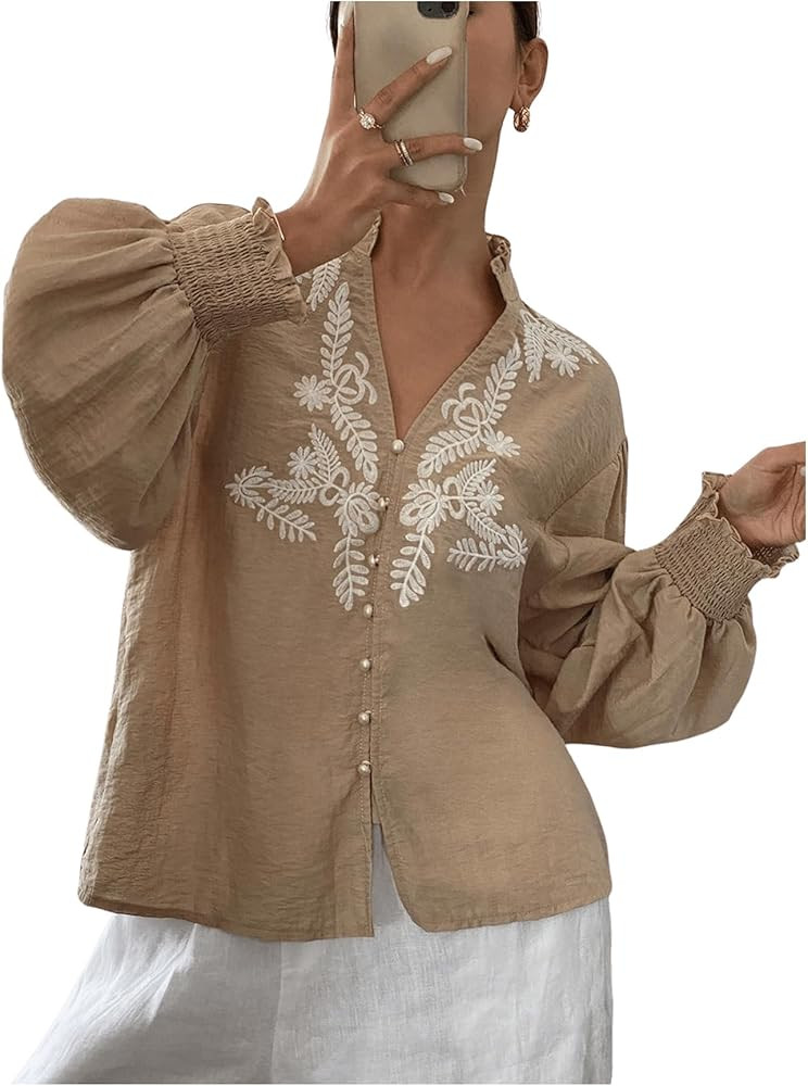 SHENHE Women's Boho Blouse Embroidered Linen Long Sleeve Shirts Vintage Floral V-Neck Button Down... | Amazon (US)