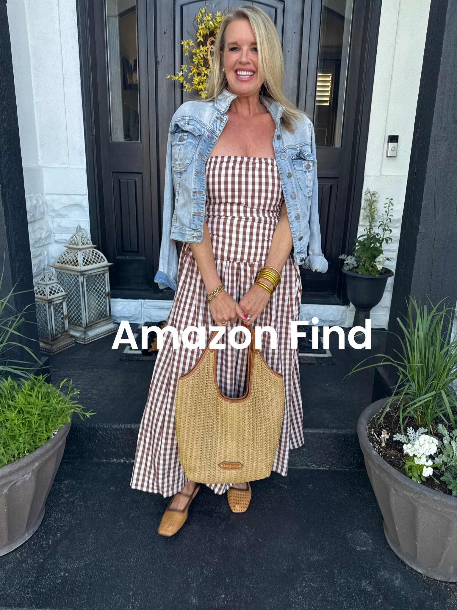 Amazon find

This cute gingham strapless dress $22 fits tts  (go off what Amazon recommends for you) 

Amazon find cane and leather Mary Jane’s tts and comfy

Kut from kloth denim jacket 

Eric jervits straw/woven and leather bag canes with a make up bag/clutch 

Budha girl bracelets 



#LTKFindsUnder50 #LTKOver40 #LTKStyleTip