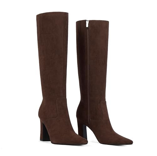 Easyfox Brown Suede Boots for Women Square Toe Chocolate Knee High Boots Chunky Heel Tall Long Boot Dress Block Heel Dark Brown Calf High Boot 2025 Size 8 | Amazon (US)
